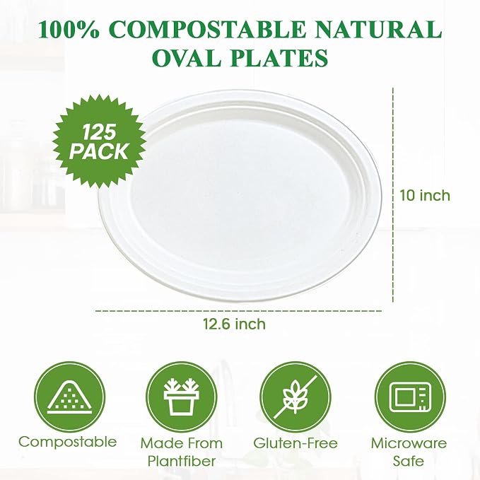Vplus 100% Compostable Oval Paper Plates 12 inch 125 Pack, Disposable Paper - Image 5