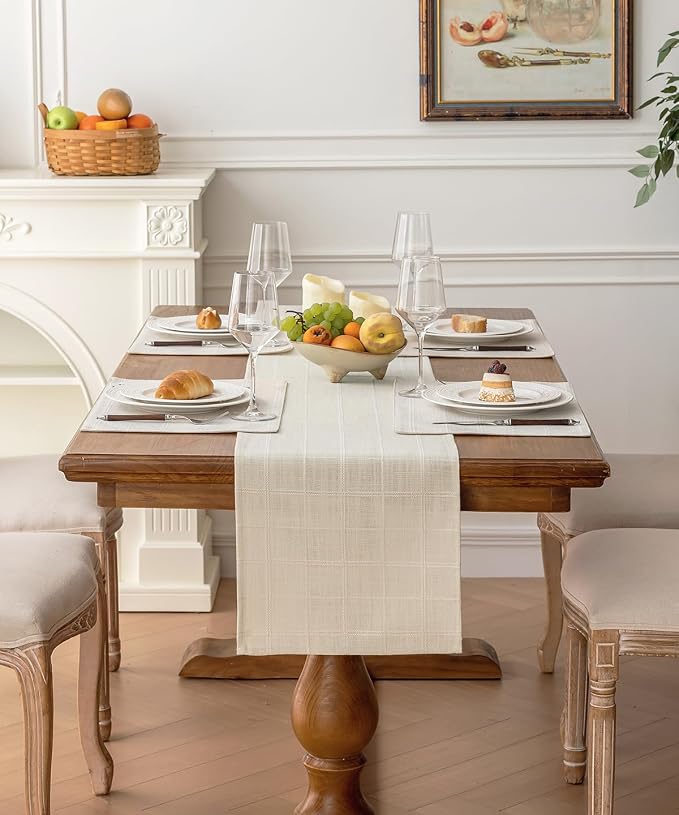 Linen Textured Table Runner, Ivory Table Runners 60 Inches Long | Raised Grid - Image 2