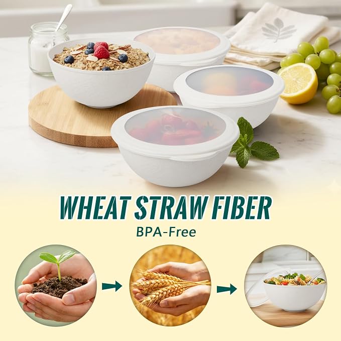 40 OZ Salad Bowl with Lid, Unbreakable Wheat Straw Bowls Sets, Cereal Bowls - Image 2