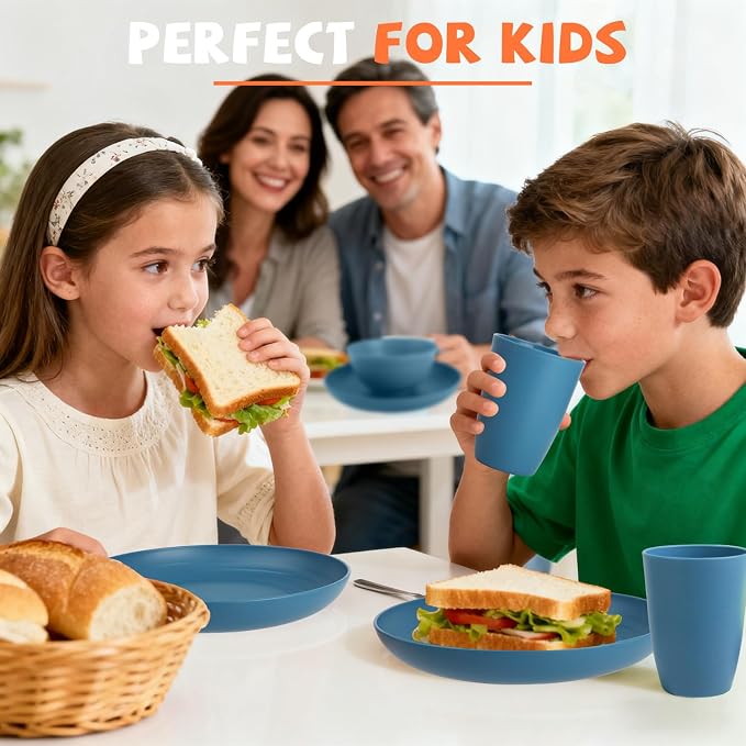 Wheat Straw Dinnerware Sets for 4, Reusable Plastic Dinner Plates, Unbreakable - Image 4