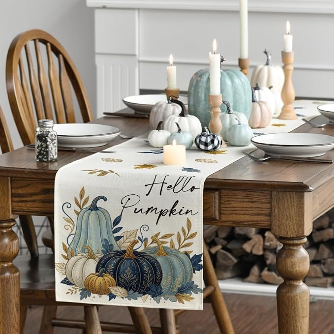 Artoid Mode 210 GSM Fall Table Runner 13x90 Inch Home Party Decor | Blue - Image 3