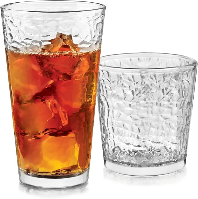 Libbey Yucatan Textured Tumbler & Rocks Drinking Glasses Set of 16 | Jumbo by Libbey