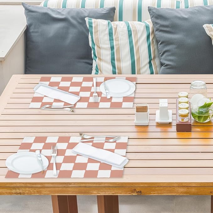Pink and White Check Plaid Placemats Set of 4, Washable Heat Resistant - Image 4