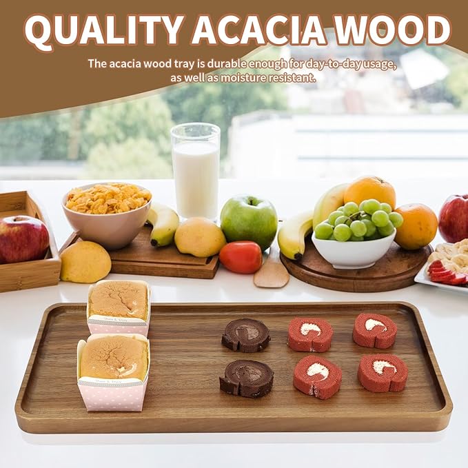 2 pcs15.7" x 7" Large Solid Acacia Wood Serving Tray Rectangular Wooden Serving - Image 5
