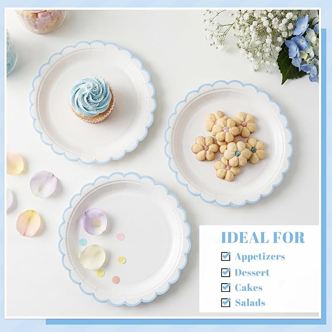 NatNarr 30 PK Light Blue Plates 7" Scalloped Blue White Dessert Cake Plates | - Image 4