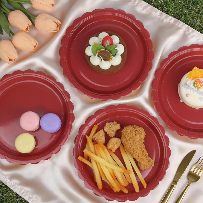52 Pcs Red Paper Plates 7 Inch Scalloped Dessert Plates - Image 4