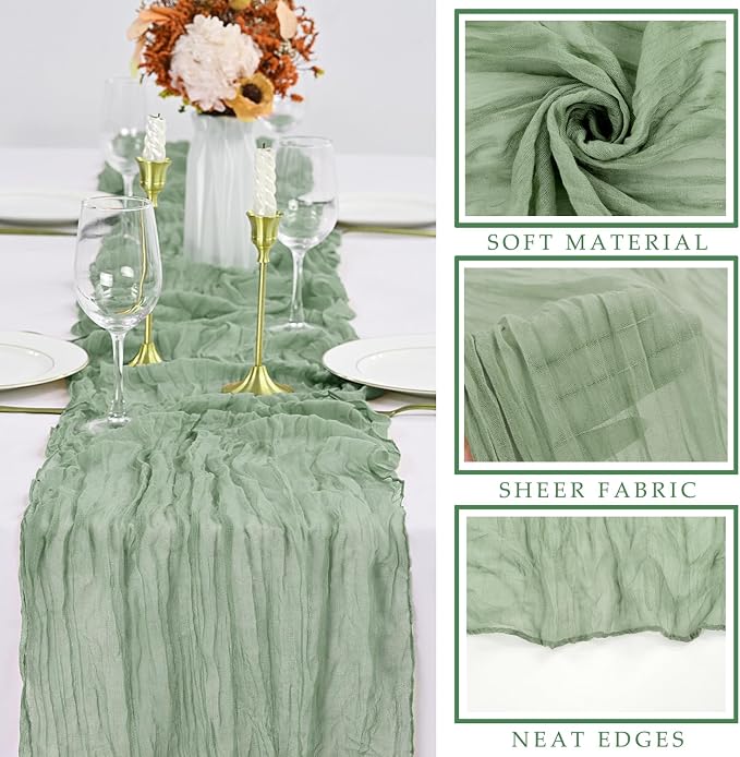 12 Pcs 10FT Sage Green Cheesecloth Table Runner 35 x 120 Inches Long Runner - Image 2