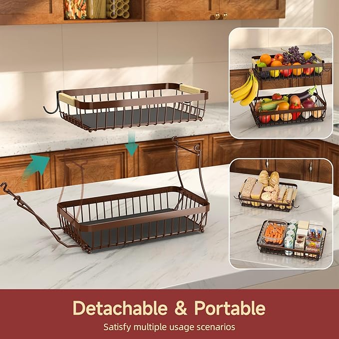 2-Tier Fruit Basket with Banana Hangers, Detachable Metal Bowl | Wooden handle - Image 3