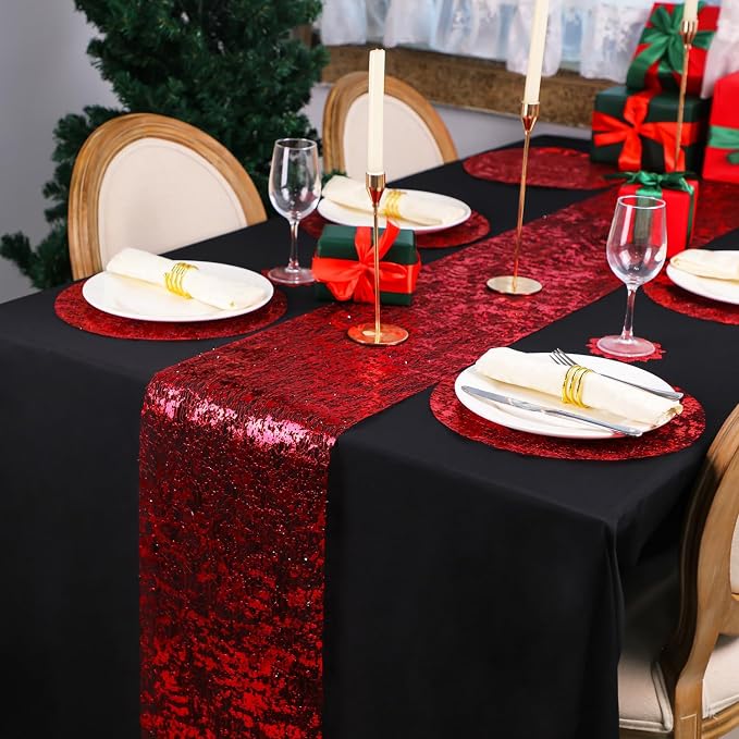 Snowkingdom Red Sparkly Table Runner Sequin Glitter Metallic Foil Mesh Runner - Image 3