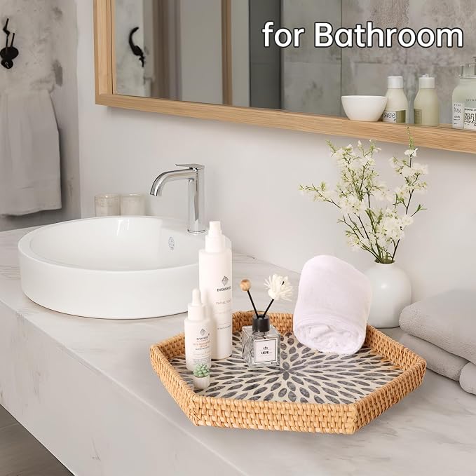 Hexagon Rattan Tray with Mother of Pearl Inlay, Rattan Serving Tray - Image 8