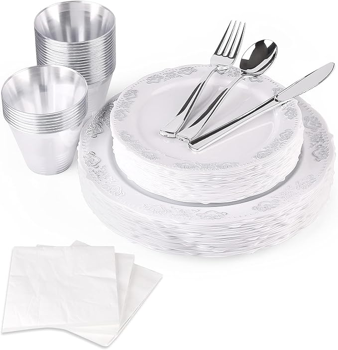 175 Pieces Silver White Dinnerware Set by FULING