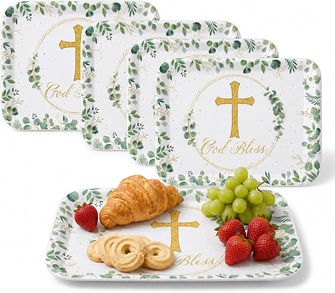Vesici 4 Pack Eucalyptus God Bless Melamine Serving Trays, 13 x 10 Inch by Vesici