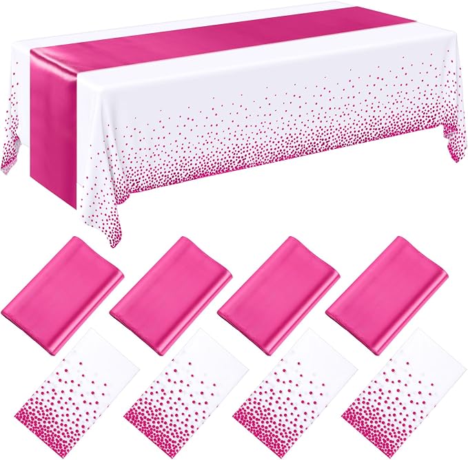8 Pack White and Hot Pink Disposable Plastic Tablecloths and Satin Table Runner by Breling