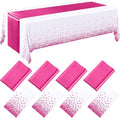8 Pack White and Hot Pink Disposable Plastic Tablecloths and Satin Table Runner by Breling