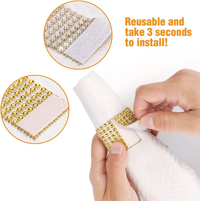 Bling Napkin Rings Set of 150, Rhinestone Gold Napkin Rings Diamond Adornment - Image 5