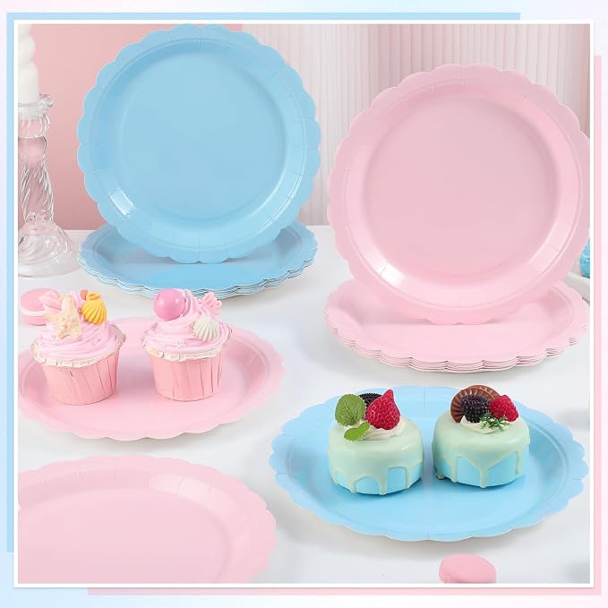 NatNarr 30 Pcs Gender Reveal Plates, 9 Inch Pink Blue Paper Plates | Scalloped - Image 5