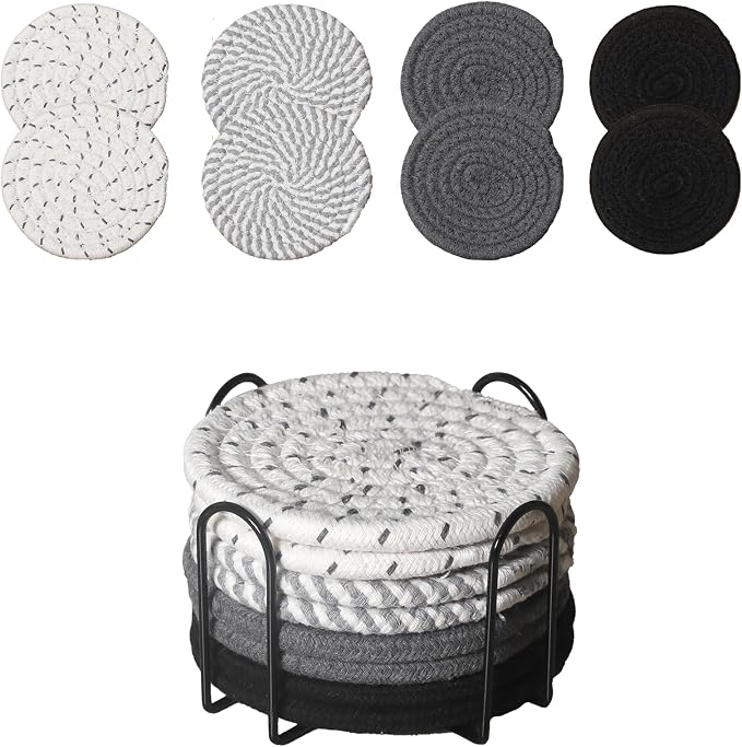 Drink Coasters Set of 8 with Holder, Cotton Woven | Absorbent cotton woven by Unknown