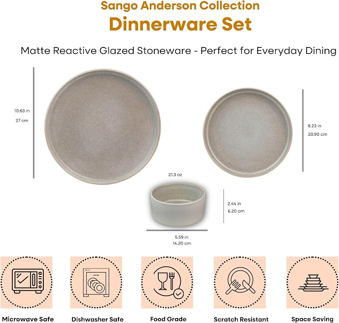 Sango 12 Pieces Stoneware Fluted Dinnerware Set, Modern Cream Dishes - Image 2
