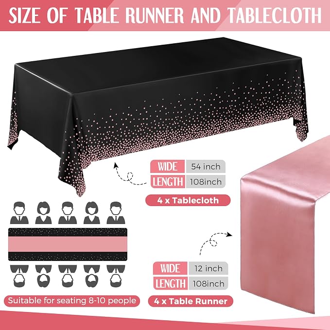 8 Pack Black and Rose Gold Disposable Plastic Tablecloths and Satin Table - Image 2