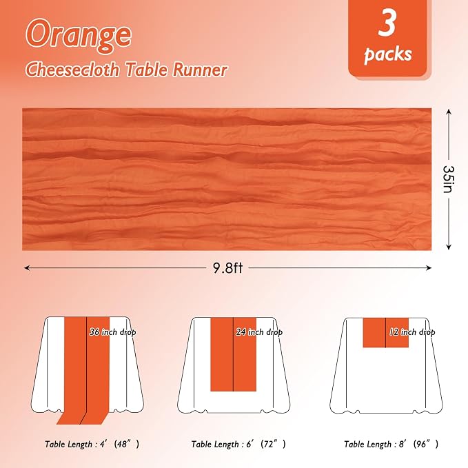3 Pack Orange Cheesecloth Table Runner 120 Inch Boho Wedding Decor | - Image 2