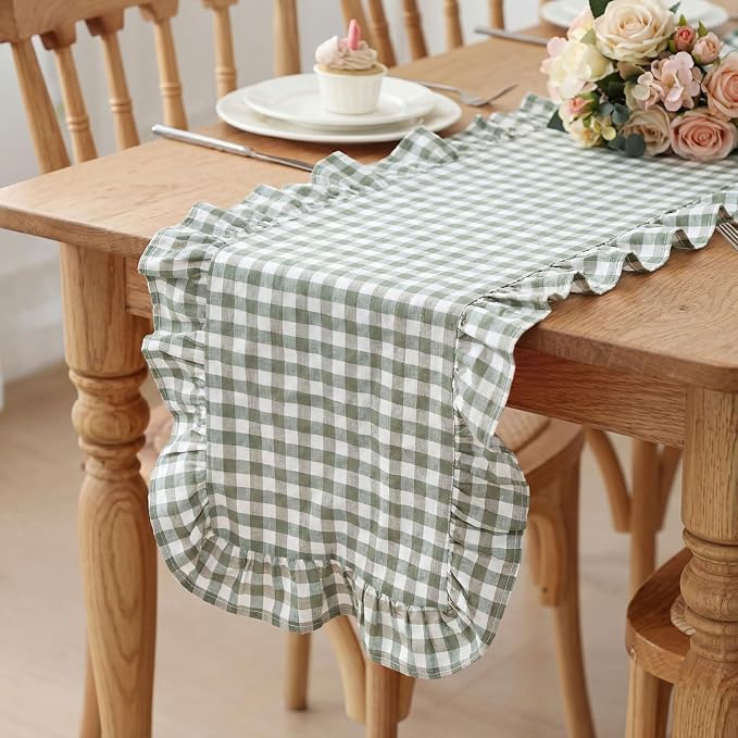 HunnmingRe 1 Pc Gingham Table Runner Green, 118 X 13.8 Inch | Cotton Dresser by HunnmingRe