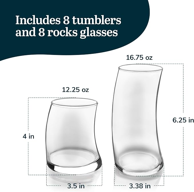 Libbey Swerve Drinking Glasses Set of 16, Chip-Resistant Tumbler and Rocks - Image 3