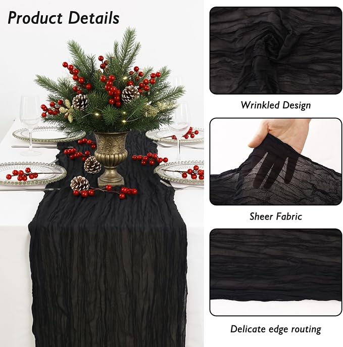 10 Pack Black Cheesecloth Table Runner 120 Inch Boho Wedding Decor | - Image 3
