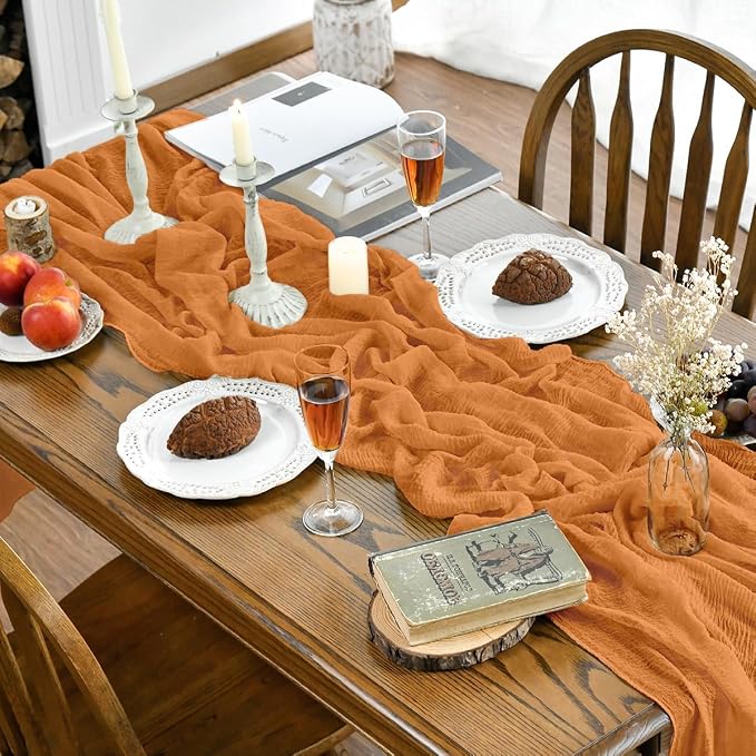 Artoid Mode Boho Cheesecloth Gauze Orange Wedding Table Runner, 120 Inch - Image 2