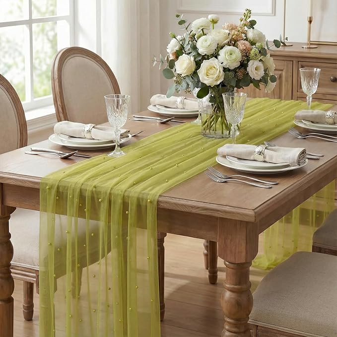 Artoid Mode Pearl Olive Green Gauze Table Runner 120 Inch 10FT, Seasonal Sheer - Image 4