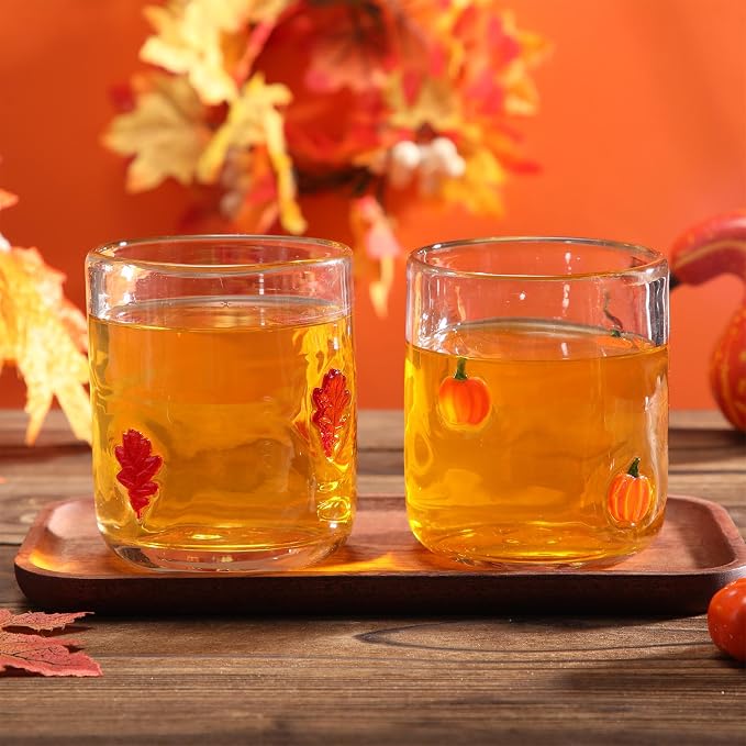 SiliFine 2 Pcs Fall Icon Juice Glasses - 14oz Maple Leaf and Pumpkin Pattern - Image 3