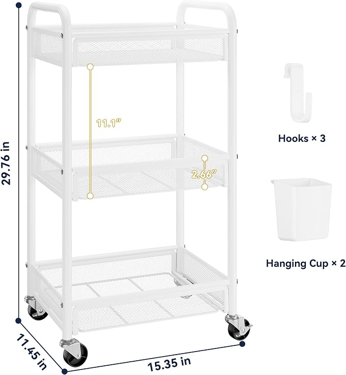 3 Tier Metal Rolling Cart, Art Workspace, Bedside Storage - Image 6