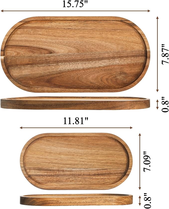 Elsjoy Set of 2 Acacia Wood Serving Trays, Long Wooden Serving Platter Oval - Image 2