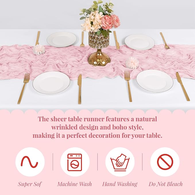 3 Pack Light Pink Cheesecloth Table Runner, 17 x 108 Inch, Gauze Cheese Cloth - Image 5