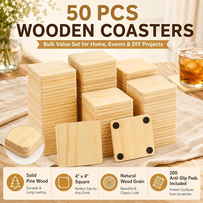 CYEAH 50 Pack Unfinished Square Wood Coasters, 4 Inch Blank Wooden Coasters - Image 3