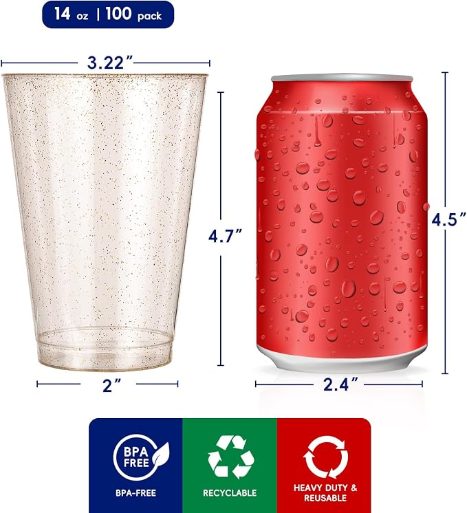 JOLLY CHEF 100 Pack 14 oz Gold Disposable Gold Glitter Plastic Cups Party Cups - Image 2