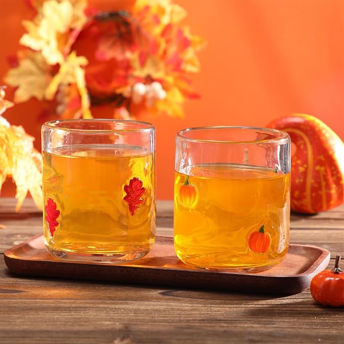 SiliFine 2 Pcs Fall Icon Juice Glasses - 14oz Maple Leaf and Pumpkin Pattern - Image 4