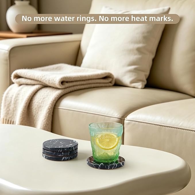 Natural Marble Coaster Set of 4.Round Drinks Coasters, Non-Ceramic/Non-Resin | - Image 4
