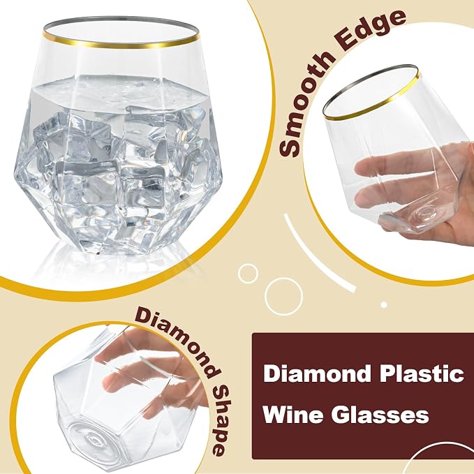 Goodluck 80PCS 12oz Diamond Stemless Plastic Wine Whiskey Glasses, Suitable - Image 3