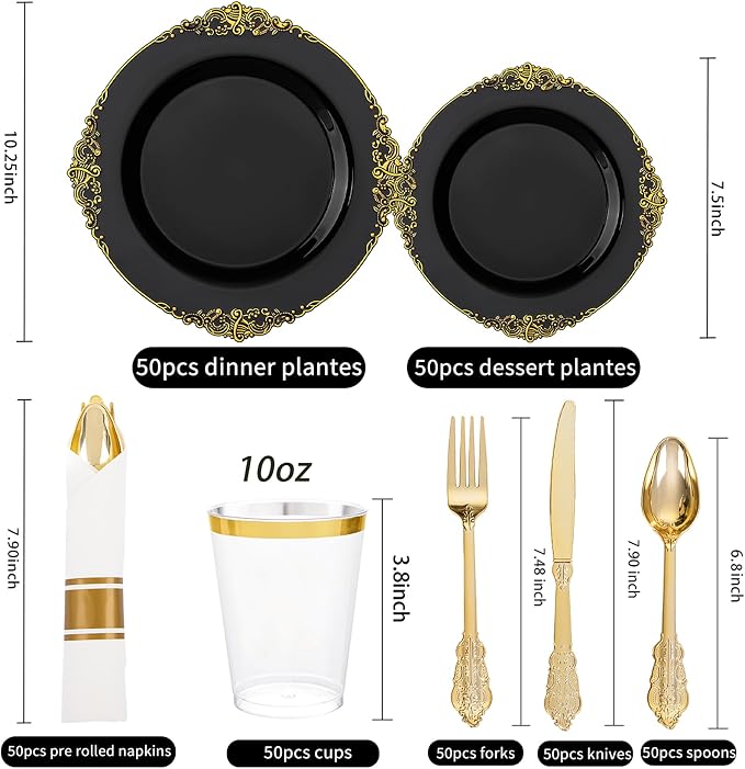 350 Pcs Black Gold Plates for Graduation | Black Party Plates Set for 50 Guests - Image 2