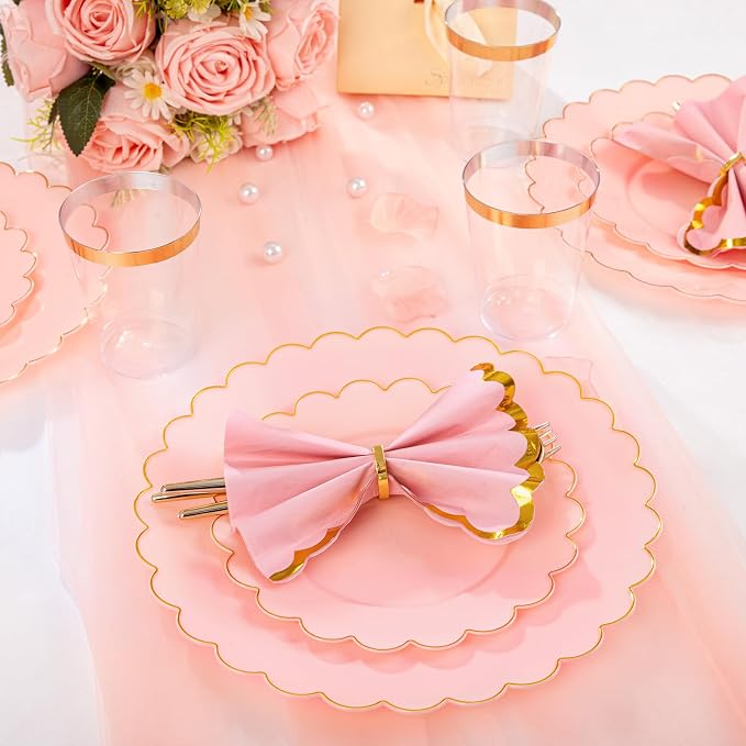LIYH 210pcs Pink Gold Scalloped Plastic Plates, Elegant Party Dinnerware | - Image 4