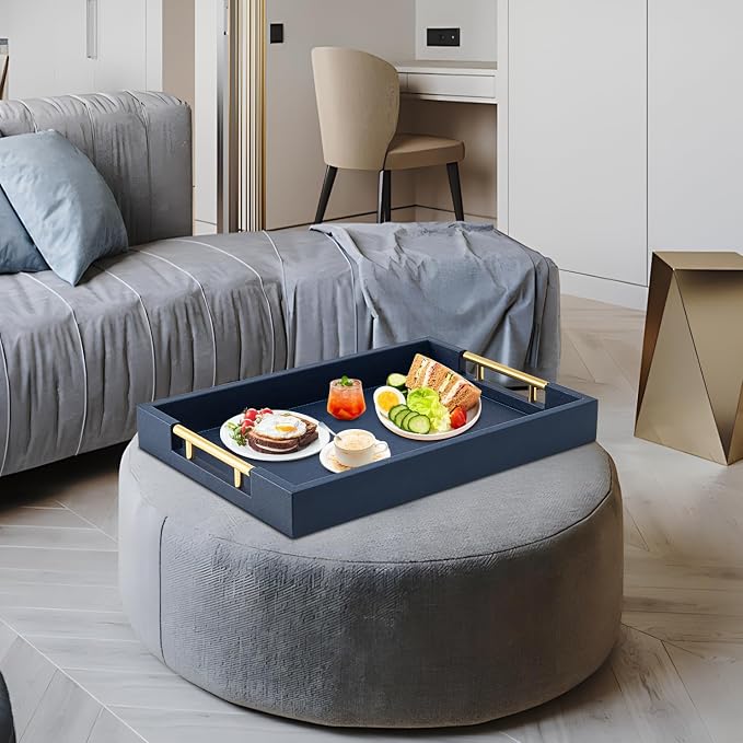 Navy Blue Faux Leather Serving Coffee Tray - Image 6