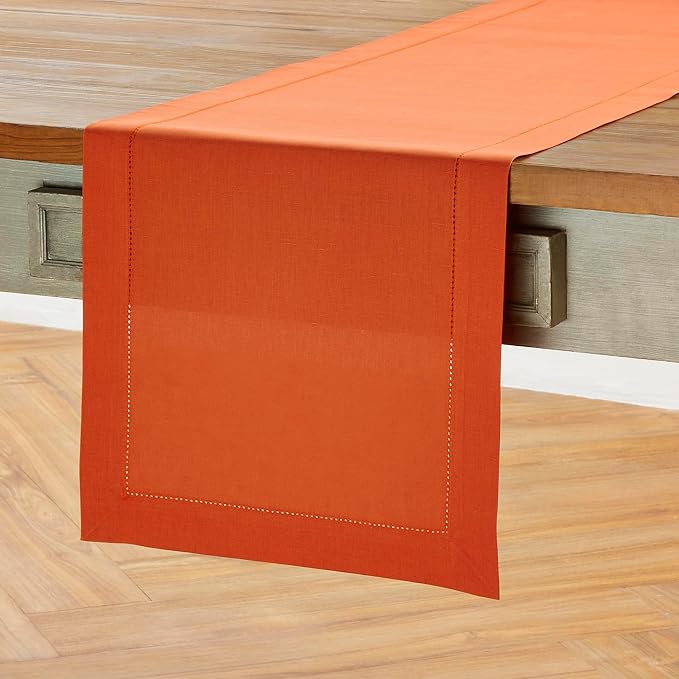 Solino Home Cotton Linen Table Runner Burnt Orange Hemstitch, 14 x 90 in | - Image 2