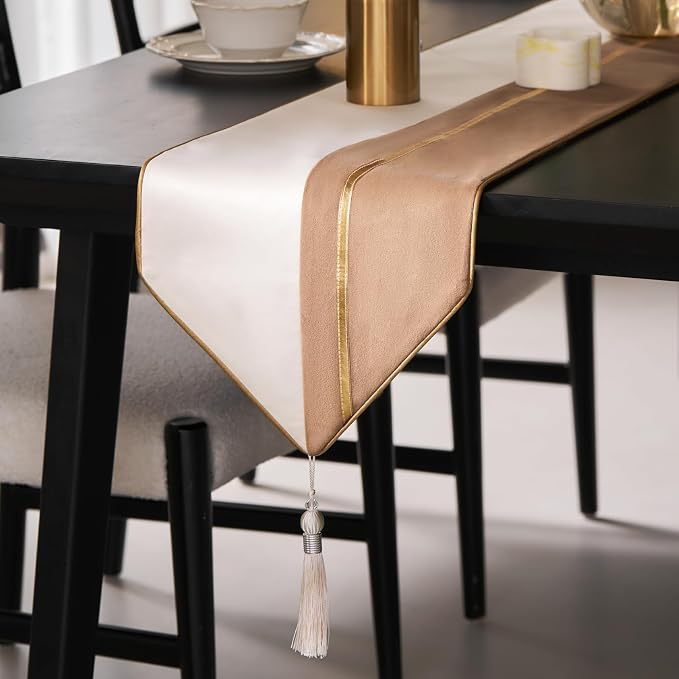 Avigers Table Runner 12 x 72 Inch, Chestnut White, Tassels | Faux Silk by Avigers