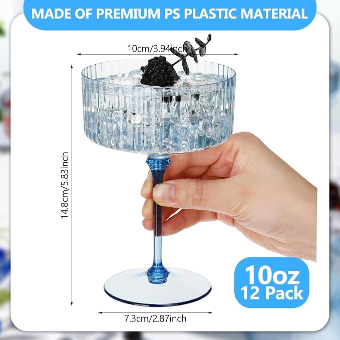 Jingmore 12 Pcs Ribbed Martini Glasses 10 oz Disposable Plastic Vintage Ribbed - Image 2