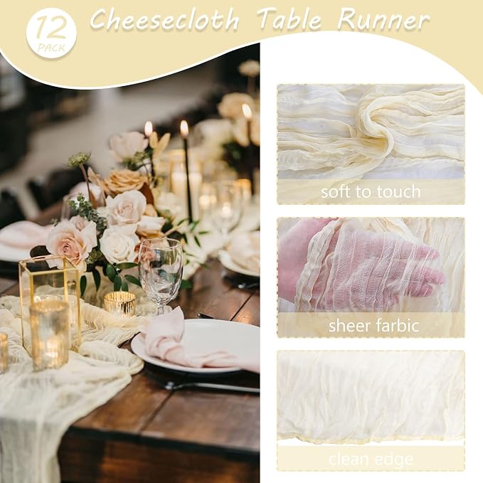 Fivenl 12 Pack Cheesecloth Table Runner 35x72 Inch Boho Gauze Table Runner - Image 4