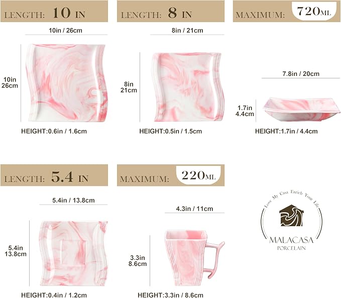 MALACASA Dinnerware Sets, 30-Piece Pink Plates and Bowls Sets - Image 2