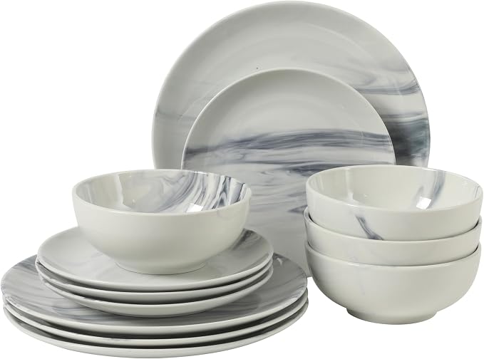 Gibson Home Cloudlight 12 Piece Plates and Bowls Dishes Blue and White by GibsonHomewares