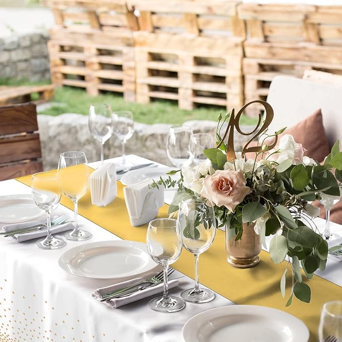 8Pack Disposable Plastic Tablecloths and Satin Table Runner Set White and Gold - Image 6