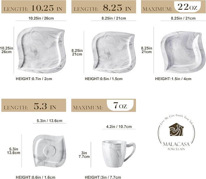 MALACASA 30 Piece Porcelain Dinnerware Set, Marble Grey - Image 2