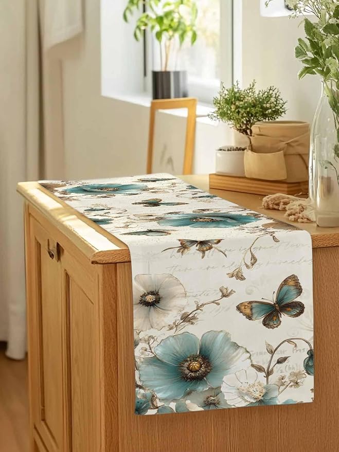 Turquoise Tulip Table Runners 48 Inches Long, Spring Vintage Botanical Table - Image 7
